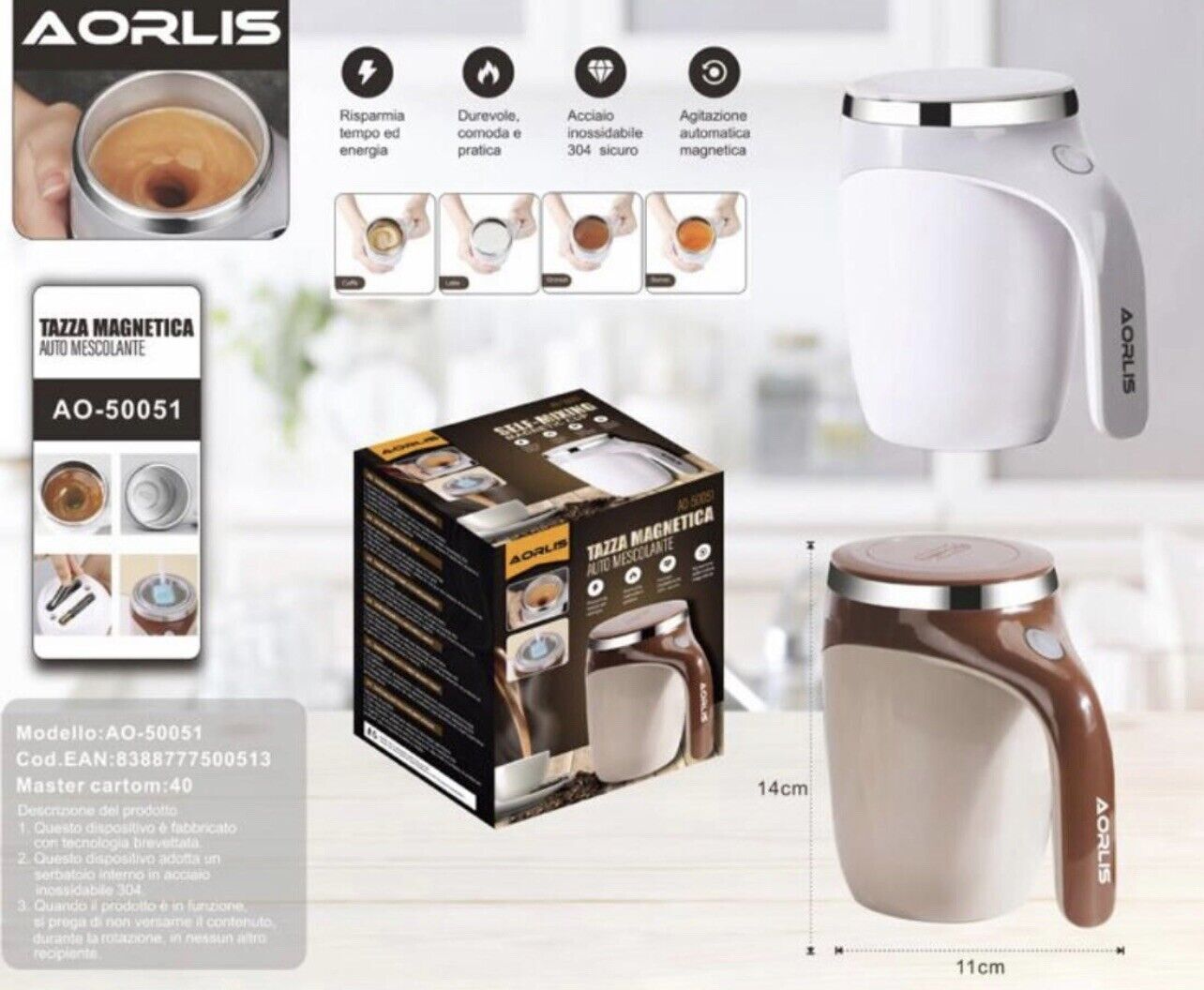 Tazza Aorlis AO- 50051 da caffè con agitazione magnetica automatica automiscelante per caffè latte cioccolata calda al cacao