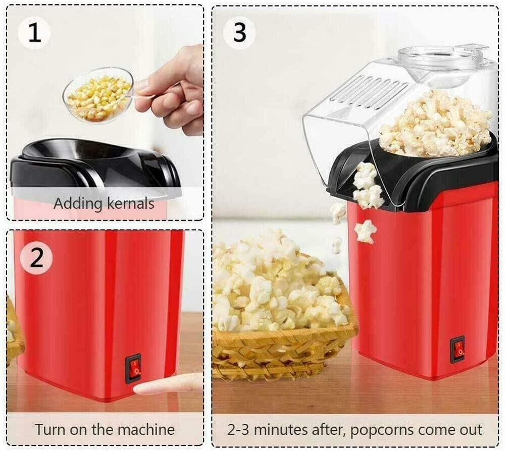 Macchina pop corn potenza 1200w senza olio feste party bambini coperchio rimovibile