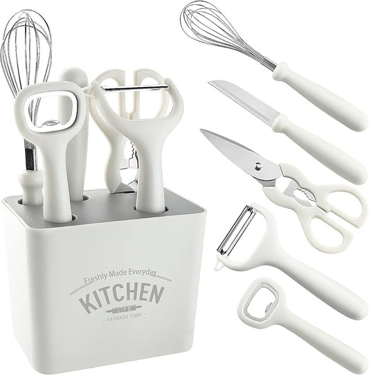 Set di utensili da cucina, forbici da cucina, pelapatate, pelaverdure, frusta, sbattiuova, coltello da cucina apribottiglie utensili da cucina con base 5 pezzi