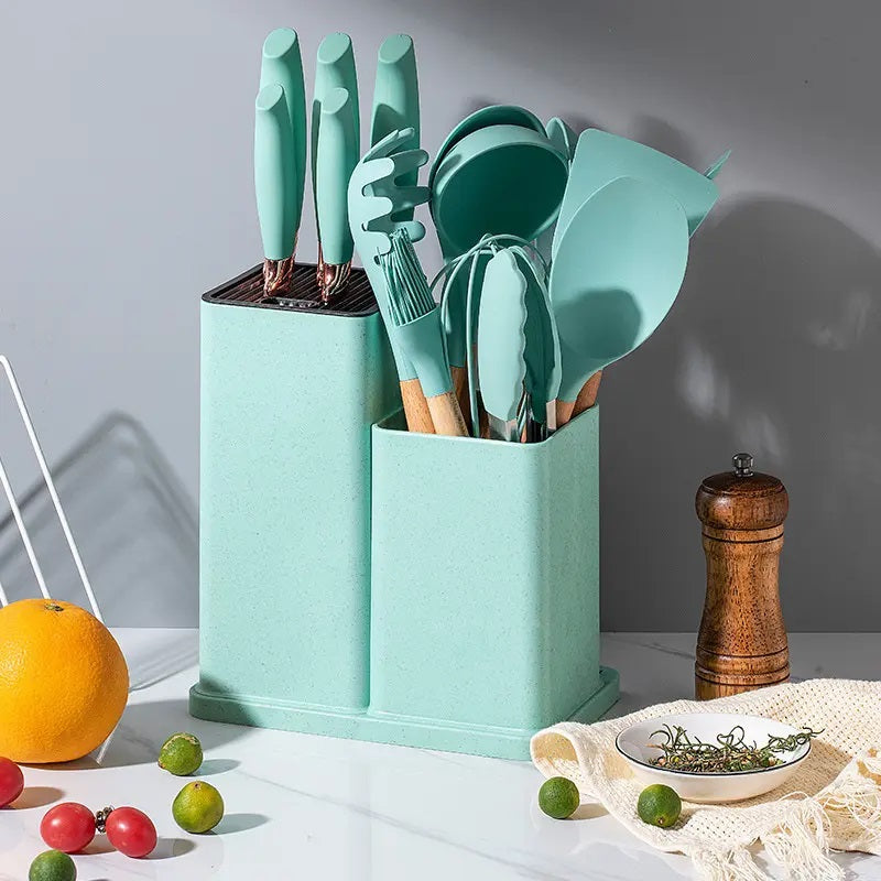 Set da 19 pezzi di set di utensili da cucina in silicone con manico in legno