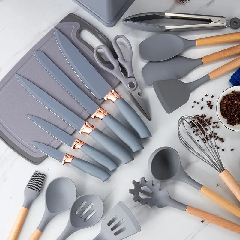 Set da 19 pezzi di set di utensili da cucina in silicone con manico in legno