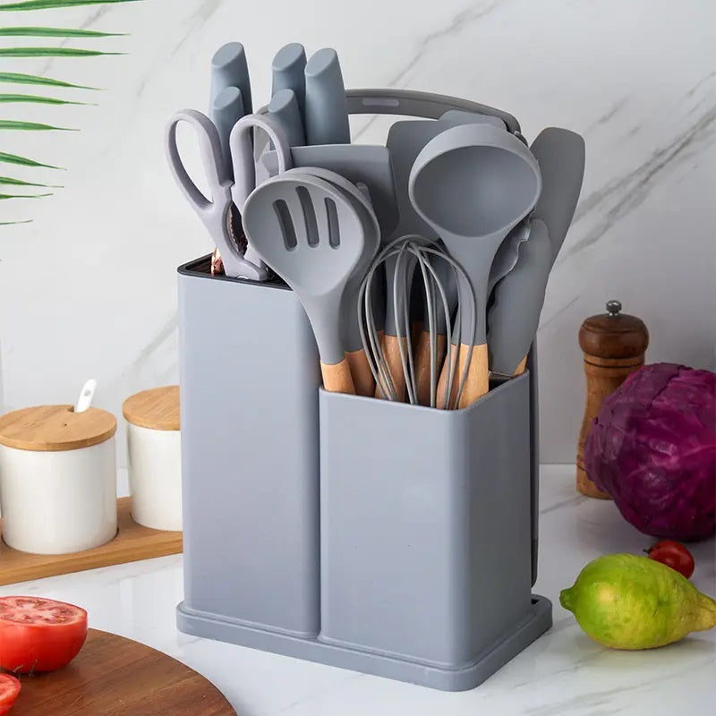 Set da 19 pezzi di set di utensili da cucina in silicone con manico in legno