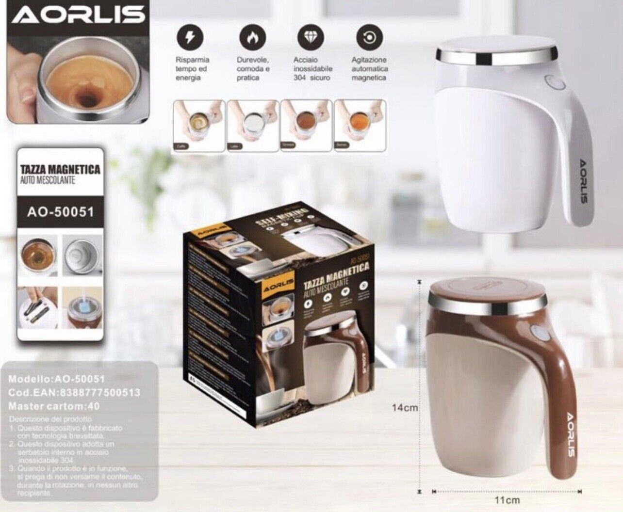 Tazza  Aorlis  AO- 50051 da caffè con agitazione magnetica automatica automiscelante per caffè latte cioccolata calda al cacao